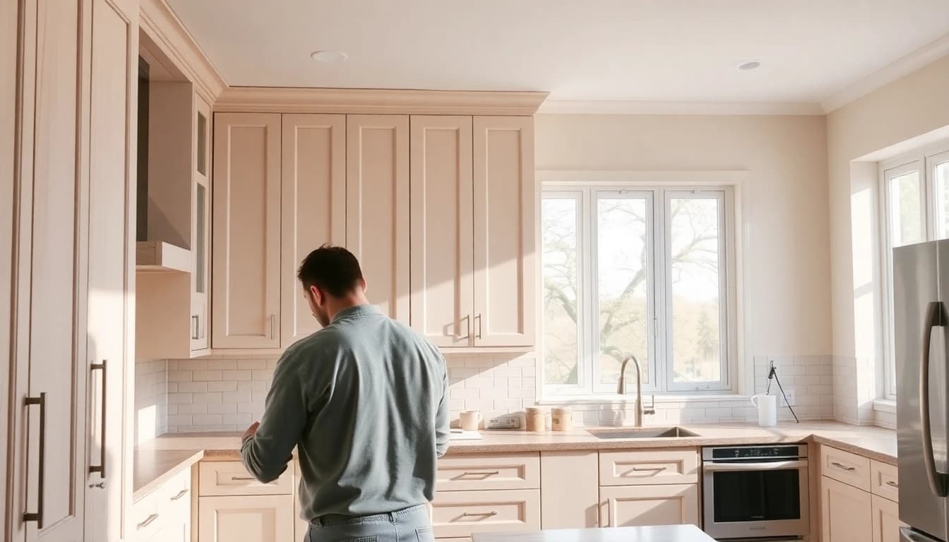 Transforming cabinets with cabinet refacing Largo FL services, featuring a skilled craftsman at work.