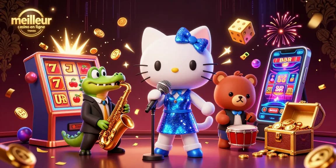 Visuel dynamique du meilleur casino en ligne France, un chat chanteur et un crocodile saxophoniste dans une scène de casino animée.