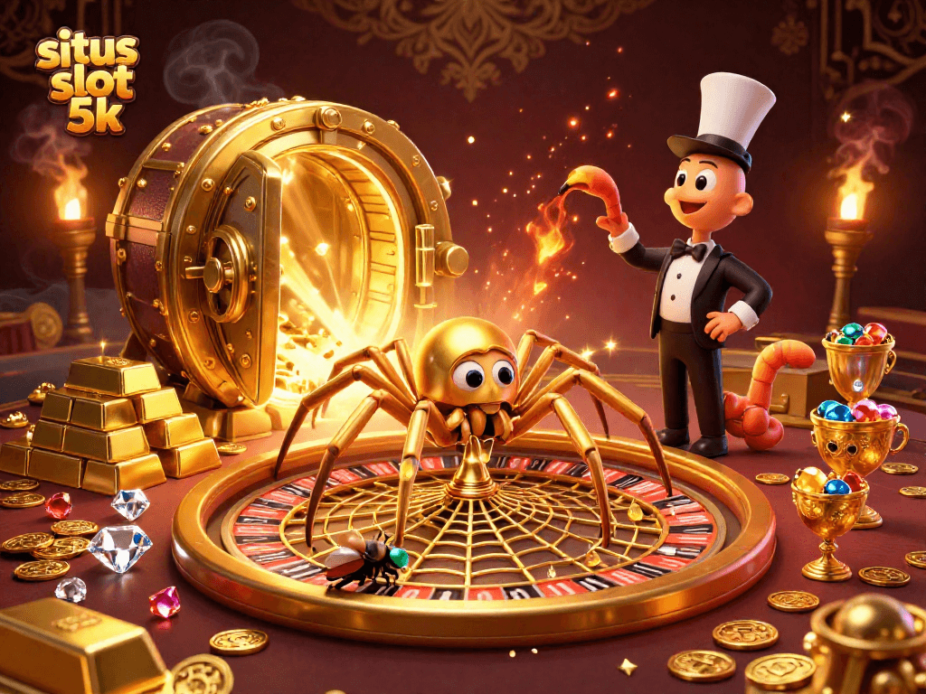 Engage with situs slot 5k as a golden spider spins a roulette wheel web, immersing players in excitement.