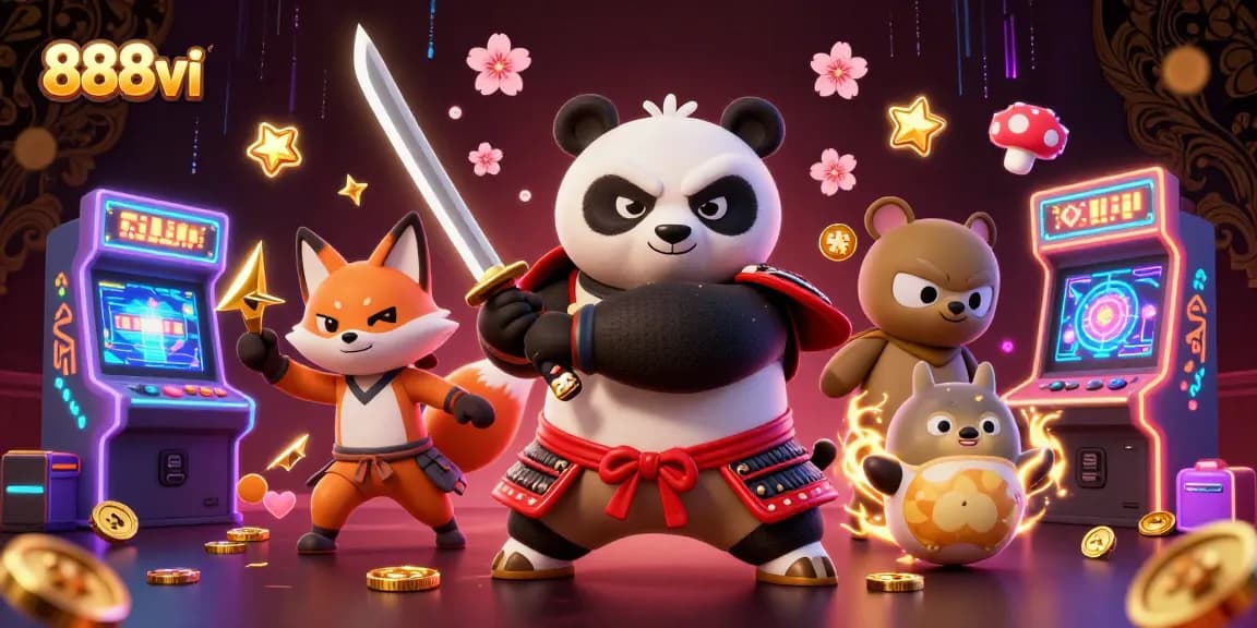 Experience the thrilling gaming world of 888vi with samurai panda and ninja fox in action.