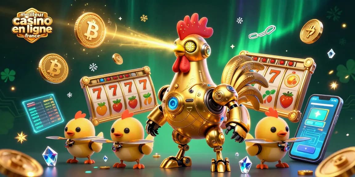 Illustration captivante du meilleur casino en ligne France, mettant en avant des éléments de jeu attrayants et un robot coq futuriste.