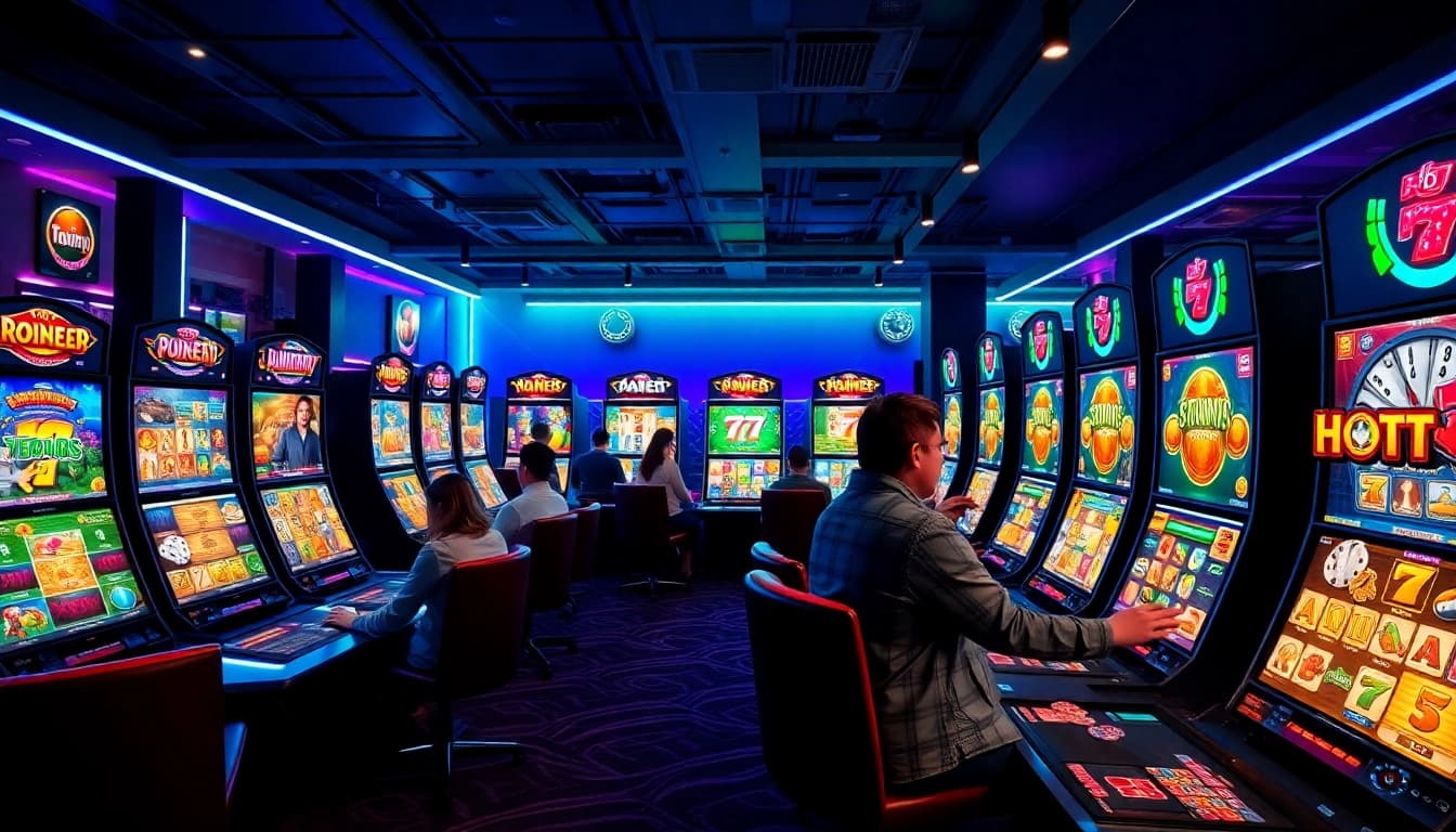 Kode4d online gaming experience with vibrant slot games and engaging players in a modern lounge.