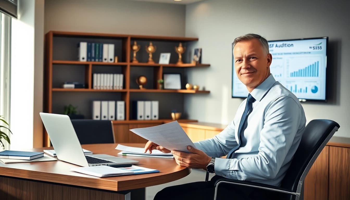 Professional SMSF auditor analyzing financial records in a modern office with spreadsheets and compliance documents.