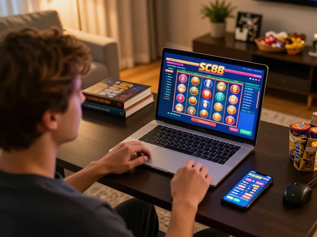 Player enjoying SC88 online slots at home with laptop and snacks