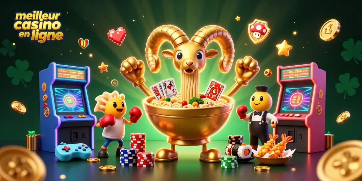 Découvrez le meilleur casino en ligne avec un personnage en bol de ramen et des jeux colorés.