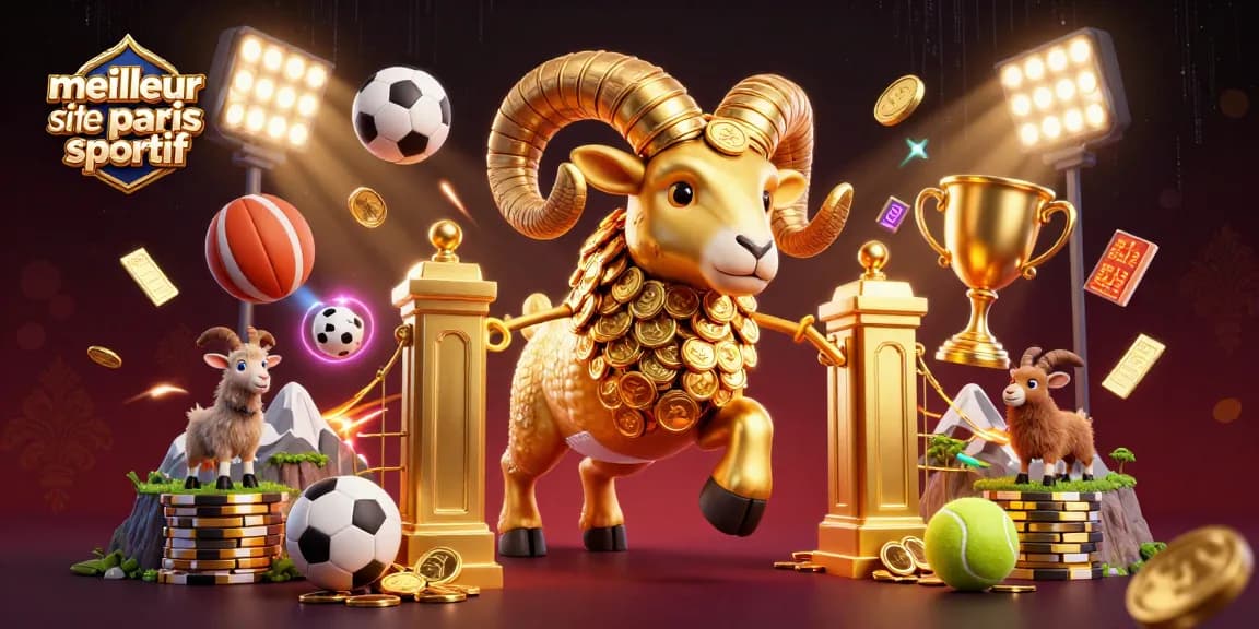 Visuellement, le meilleur site de paris sportif offre une scène dynamique avec un bélier doré et des ballons de sport.