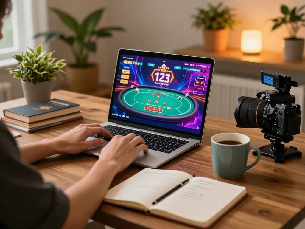 Exciting gameplay at 123b casino with a player engaged on laptop, showcasing vibrant poker interface.