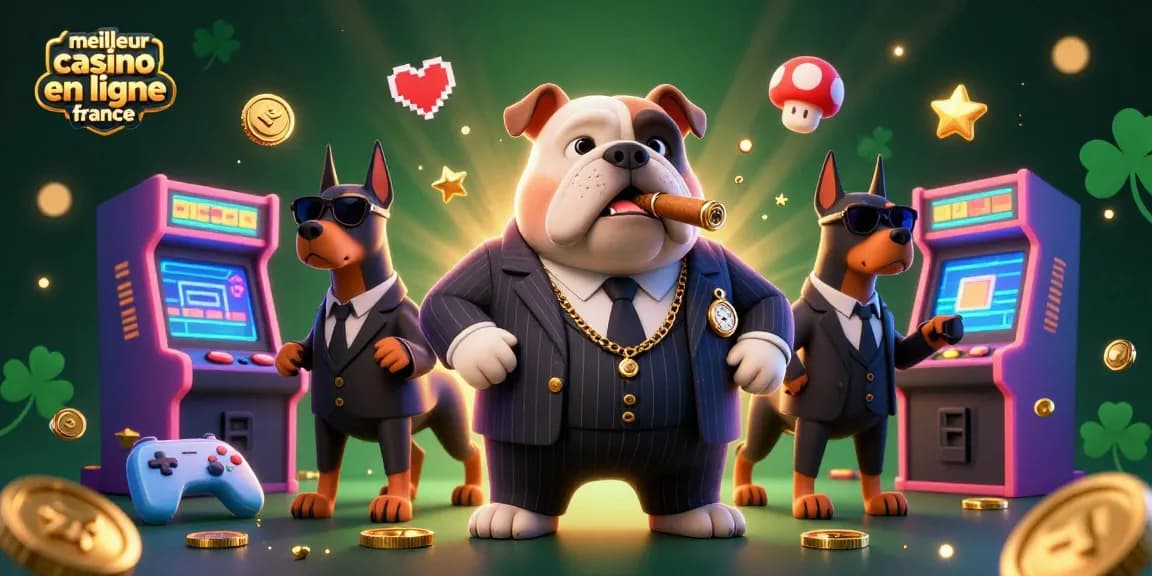 Illustration 3D représentant le meilleur casino en ligne France, avec un bulldog mafieux et des éléments de jeu colorés.