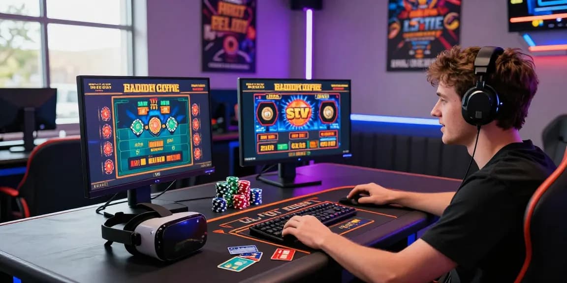 Engaging online gaming experience at a credit card casino, featuring vibrant screens, casino games, and credit cards, highlighting https://fimltd.co.uk's offerings for players.
