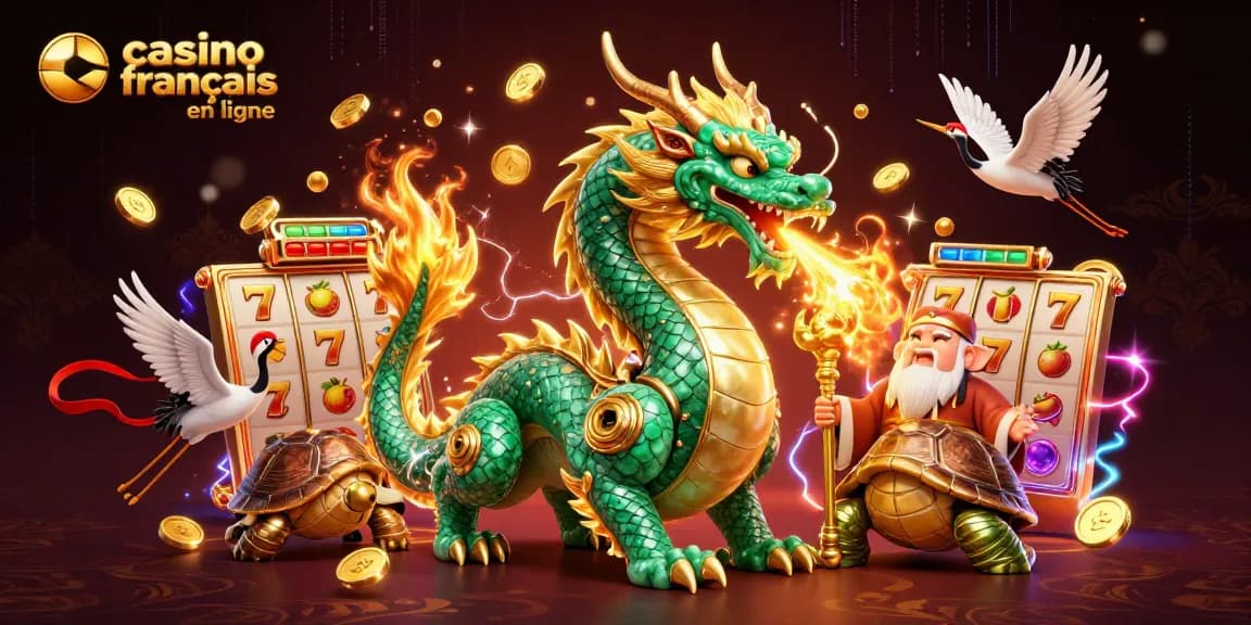 Jouez au casino français en ligne avec un dragon, une tortue sage et des éléments de machine à sous.