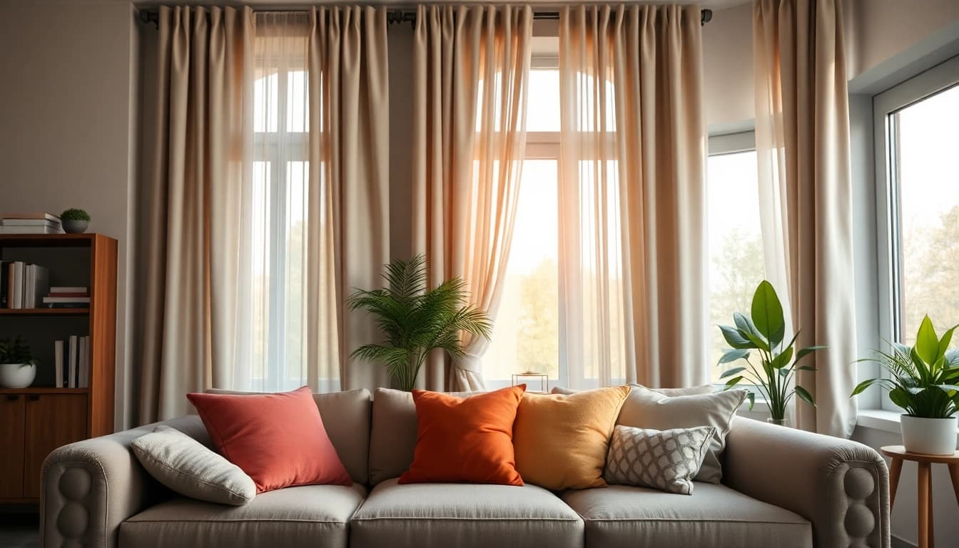 Verduisterende gordijnen transformeren een woonkamer met een rustige en stijlvolle ambiance.