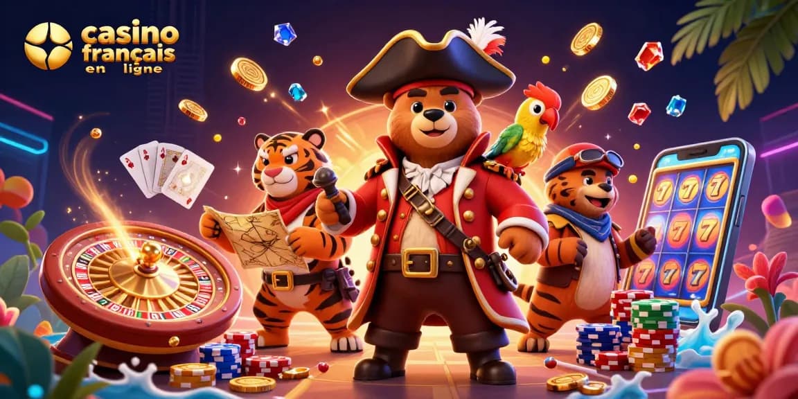 Jouez à des jeux passionnants dans un casino français en ligne avec un ours pirate et un tigre compagnon.