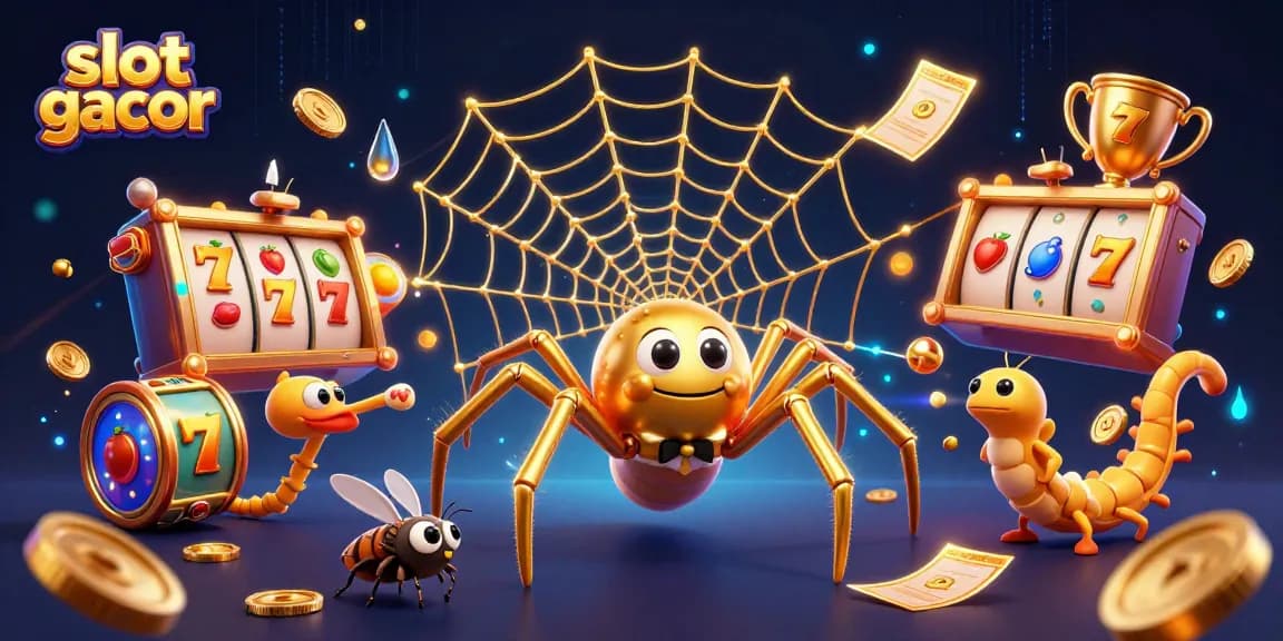 Spin to win with slot gacor: a vibrant scene of a spider and fly in a casino