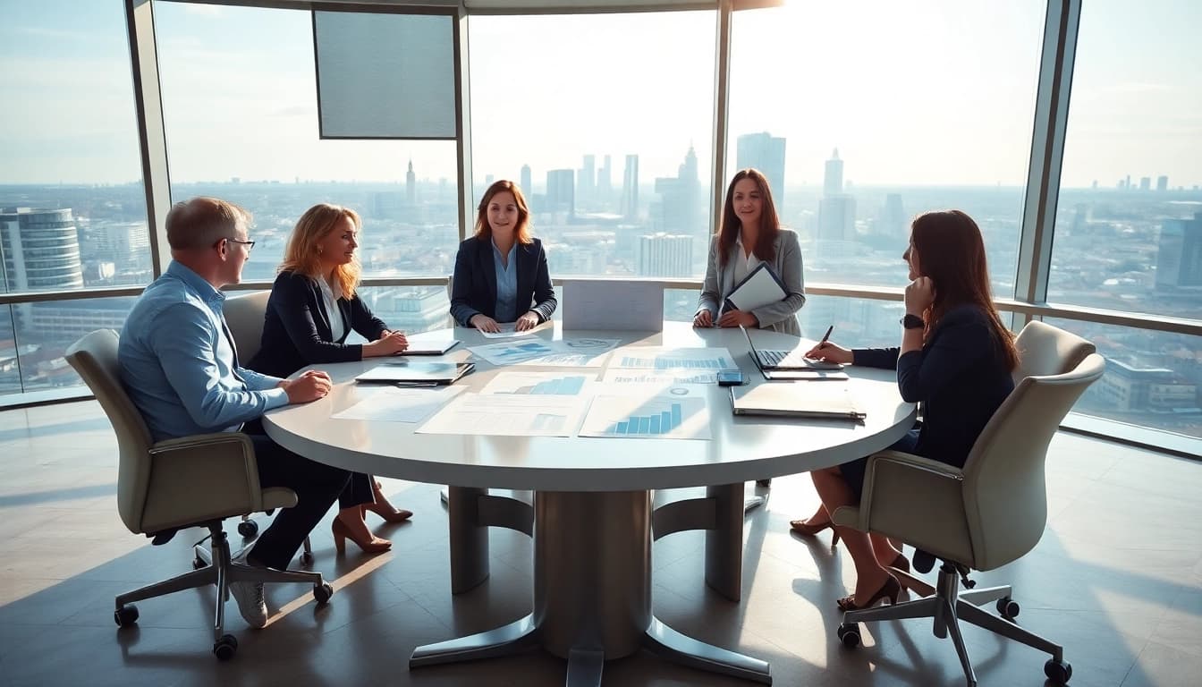 Visualize a Luxembourg holding setup in a professional office scene with diverse business people collaborating.
