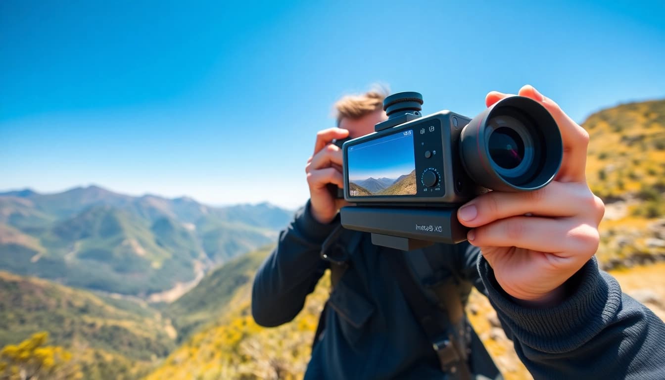 Utilizing the Insta360 X5, a photographer captures stunning landscapes in a vibrant outdoor setting.