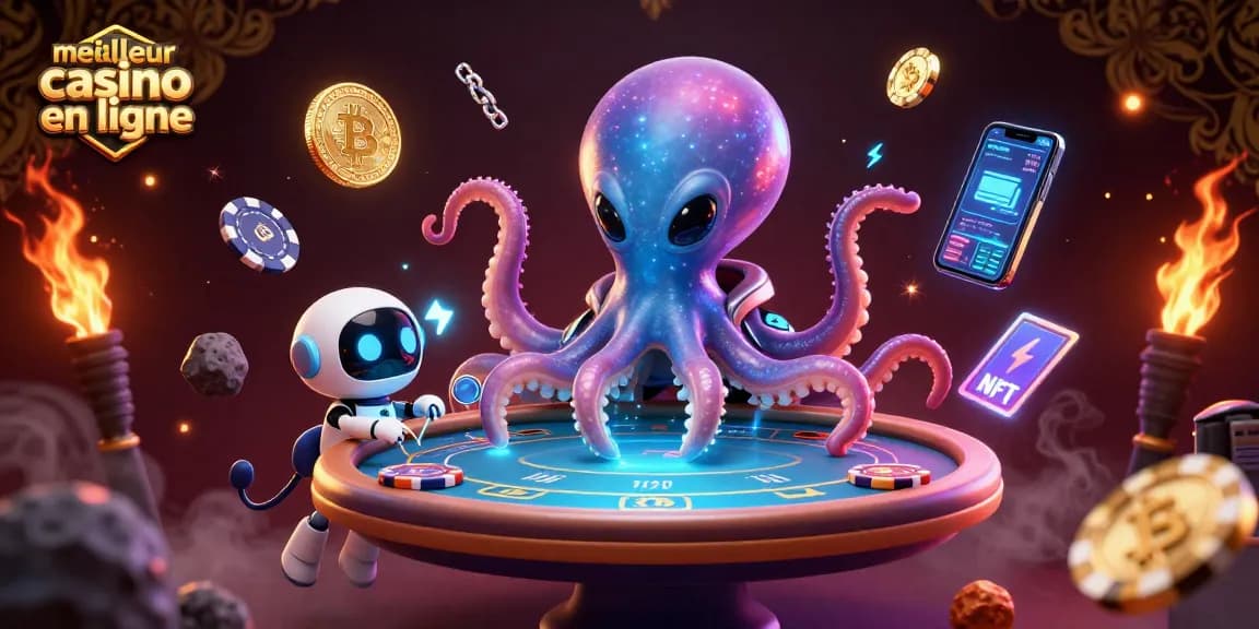 Illustration d'un octopus alien en costume de casino, jouant au meilleur casino en ligne.