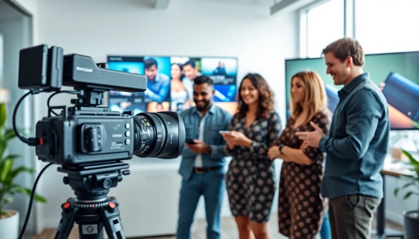 Engaging corporate video production teamwork featured in a modern office setting.