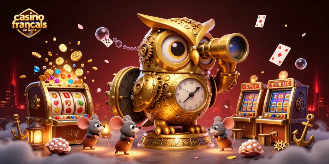 Plongez dans l'univers du casino français en ligne avec cet hibou doré et des machines à sous éclatantes.