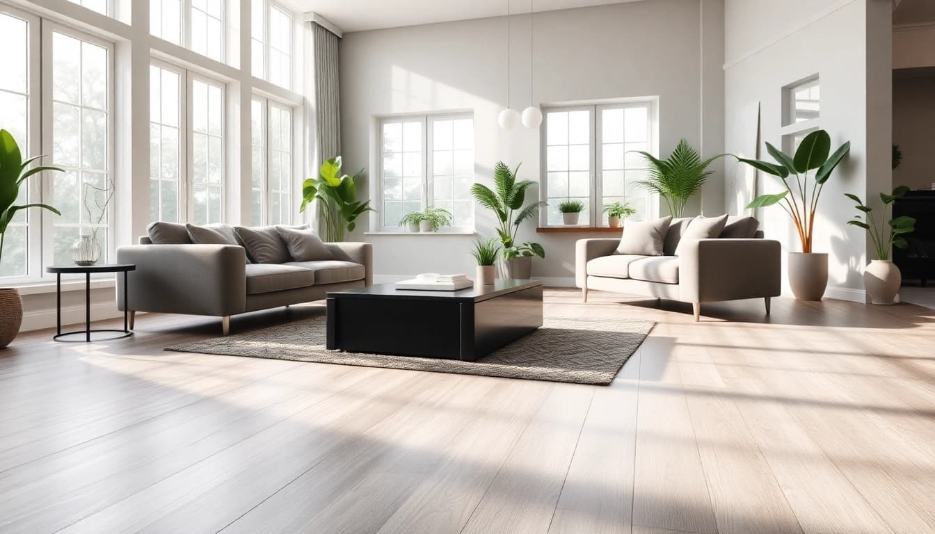 Luxury vinyl flooring enhancing a modern living room with bright natural lighting and stylish decor.