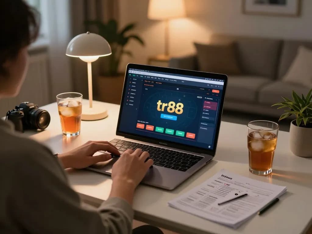 Experience strategic poker gameplay at home with tr88 on a laptop in a cozy setting