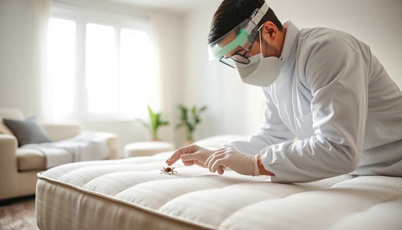 Technician applying bed bug treatment in a home setting, ensuring thorough pest control.