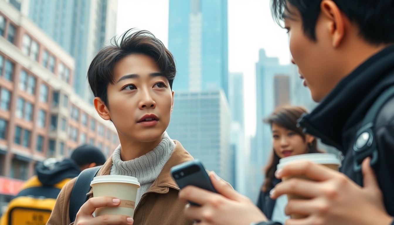 위키티비의 매력적인 캐릭터가 도시에서 대화하는 장면