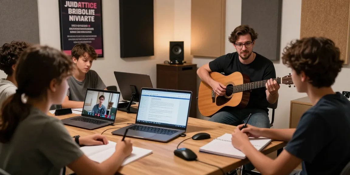 Engaging Guitar Instructor Online session with diverse students in a cozy music studio.