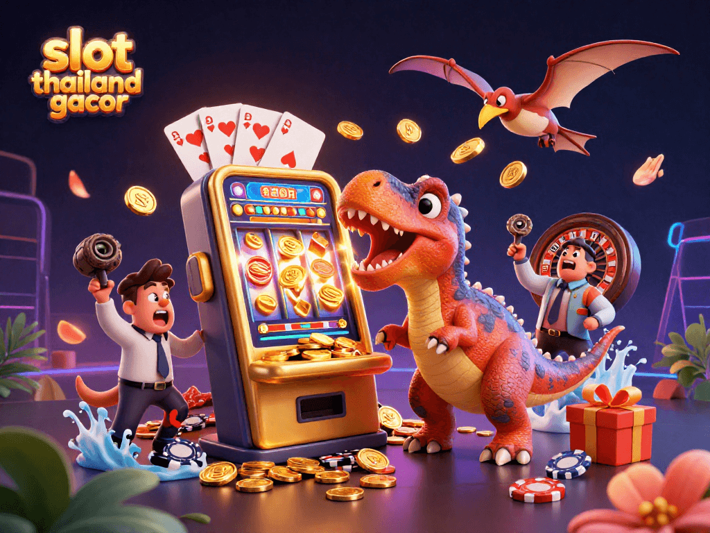 Catch thrilling jackpots at slot thailand gacor with cartoon dinosaurs in a vibrant casino setting.