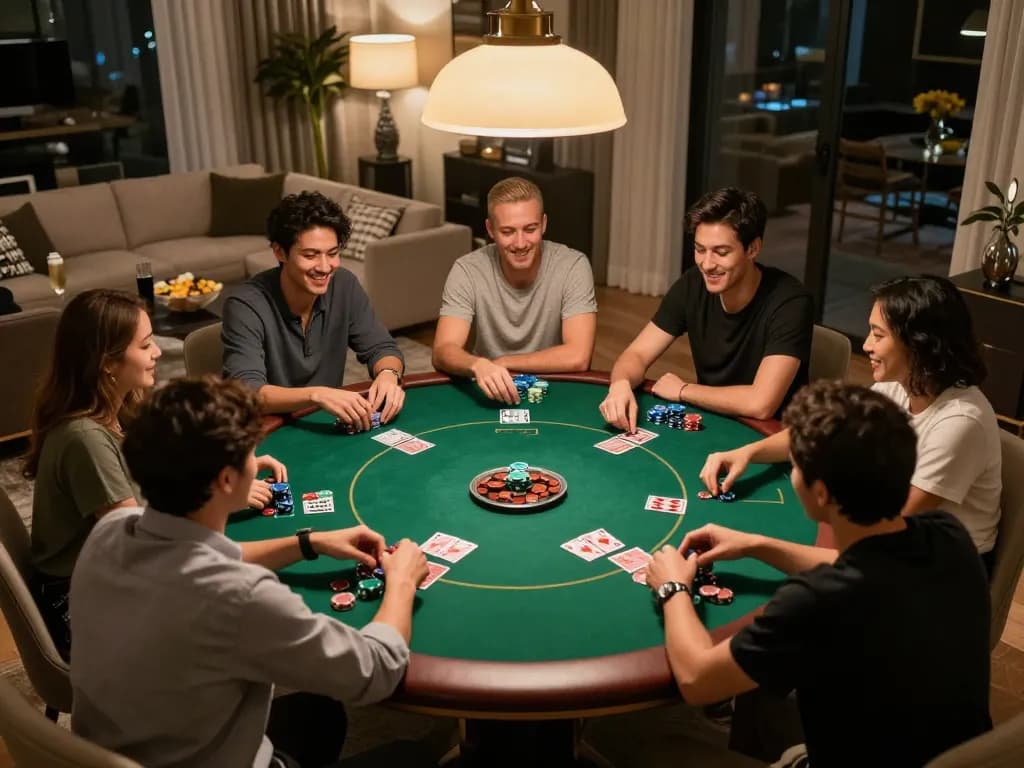 Migliori casino online stranieri - Friends enjoying a lively home poker night with strategic discussions and competitive gameplay