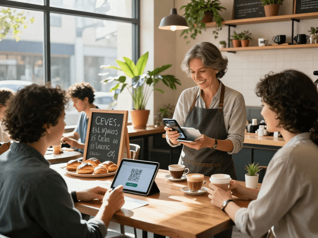 Small business owner using a loyalty app to enhance customer engagement in a cozy café setting.