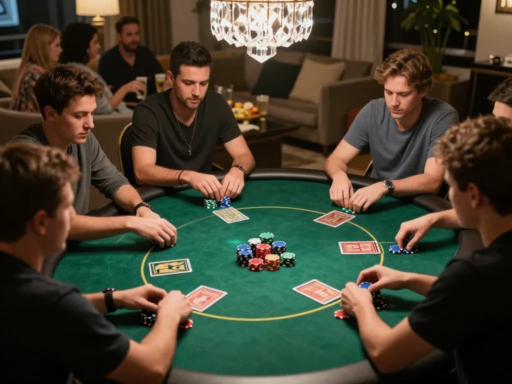 TG8 players strategizing in a cozy home poker game, enhancing social gambling connection.