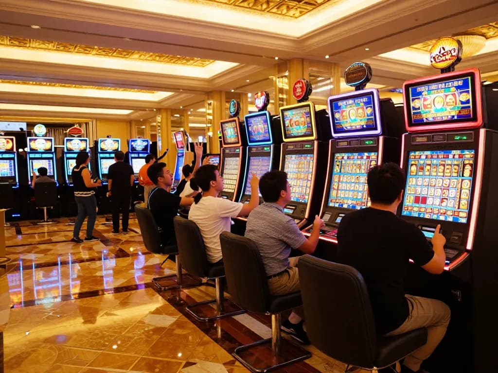 Pemain Toto Macau merayakan kemenangan di mesin slot kasino yang vibrant dengan cahaya warna-warni.