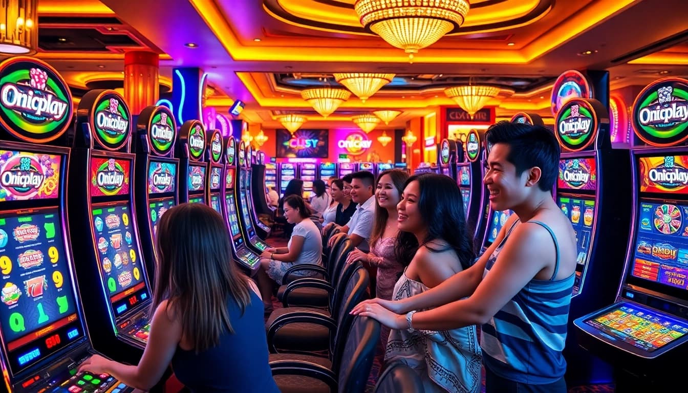 Players enjoying vibrant Onicplay slot machines in a luxurious casino environment
