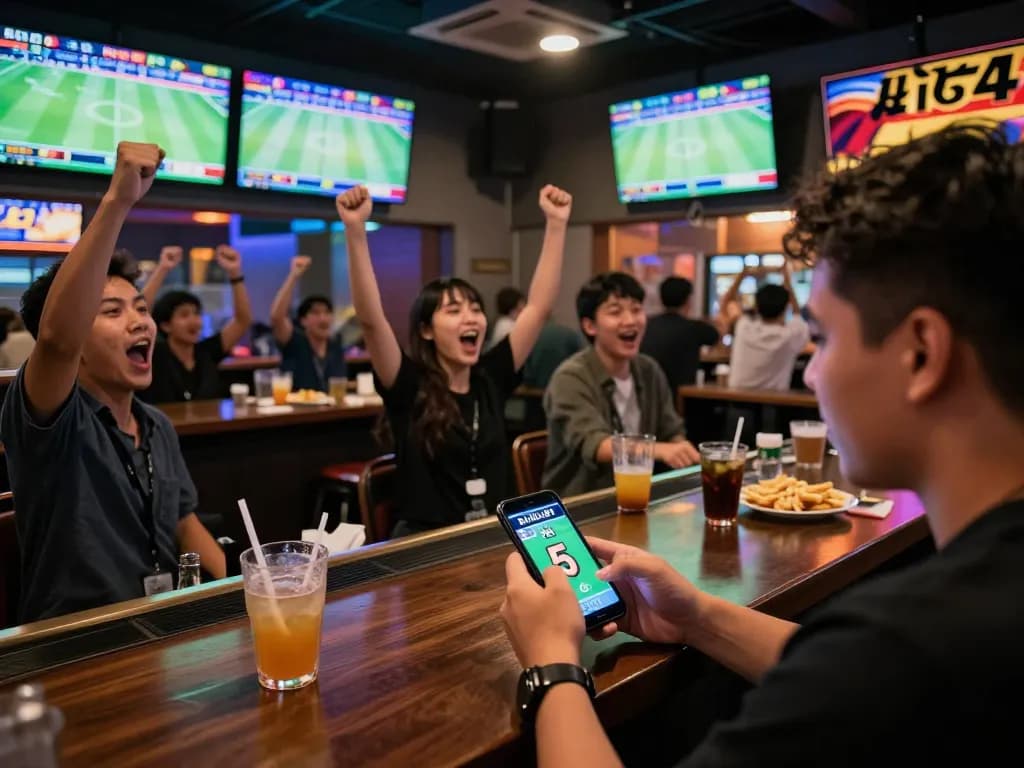 Engaging sports fans checking kèo nhà cái 5 on smartphone in vibrant betting lounge atmosphere