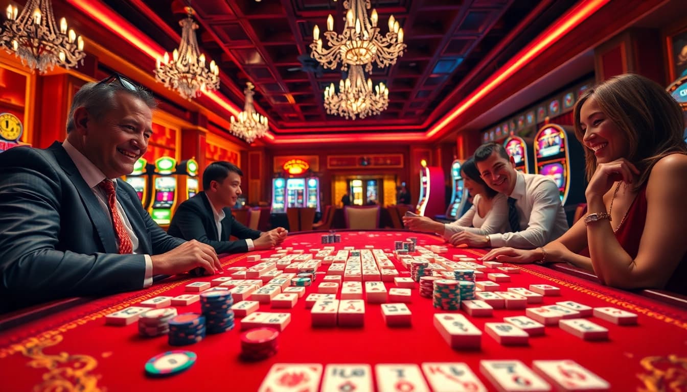 Pemain menikmati Mahjong Ways 2 di kasino kelas atas dengan suasana yang hidup dan permainan yang menarik.