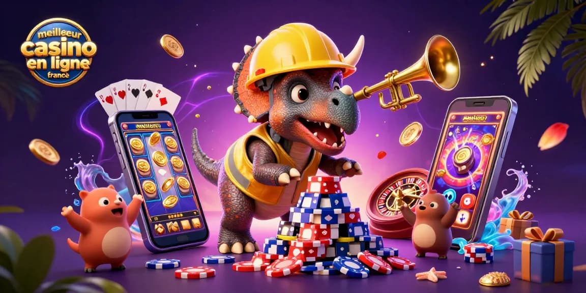 Découvrez le meilleur casino en ligne France avec une scène animée de dinosaures célébrant les jeux.