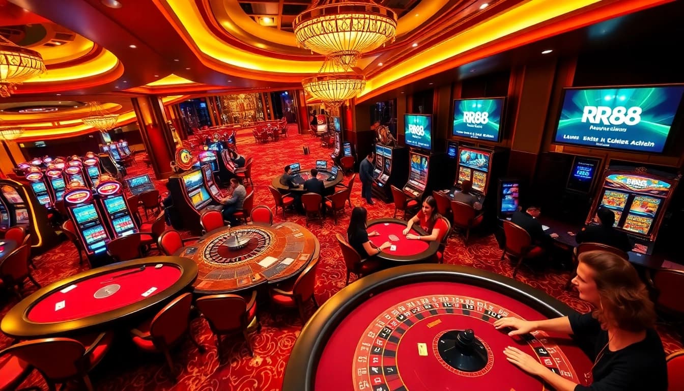 RR88 players enjoying a vibrant casino environment with poker and roulette games.