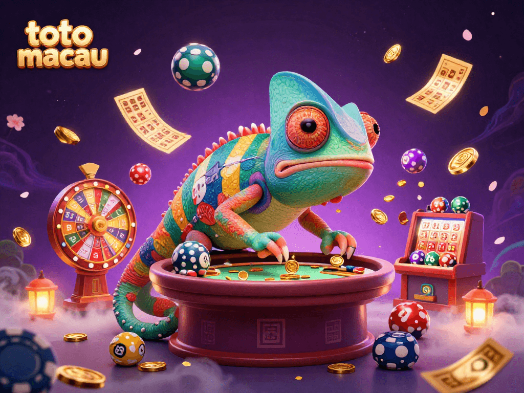 Experience engaging games at toto macau with vibrant elements, including a charming chameleon and dynamic lottery balls.