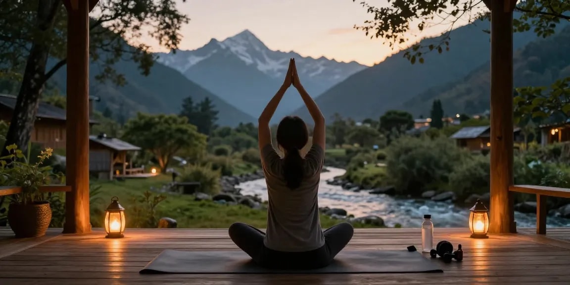 Yoga retreat in Rishikesh featuring a serene yogi meditating at sunset with Himalayan views and tranquil surroundings.