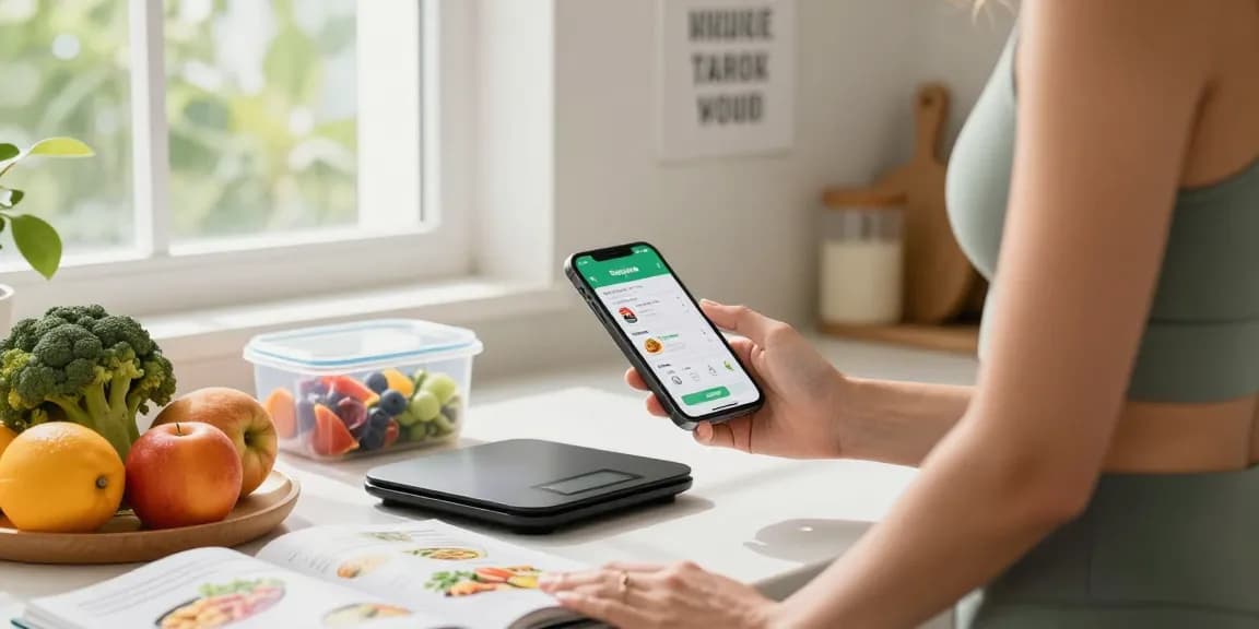 Modern kitchen with healthy individual using the best macro tracking app to review nutrition.