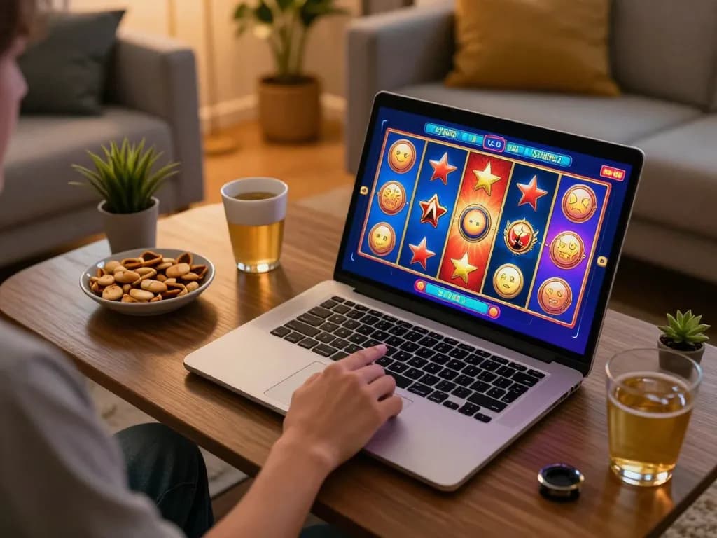 Engaging in slot gacor siang ini on a laptop while enjoying a cozy home gaming atmosphere.