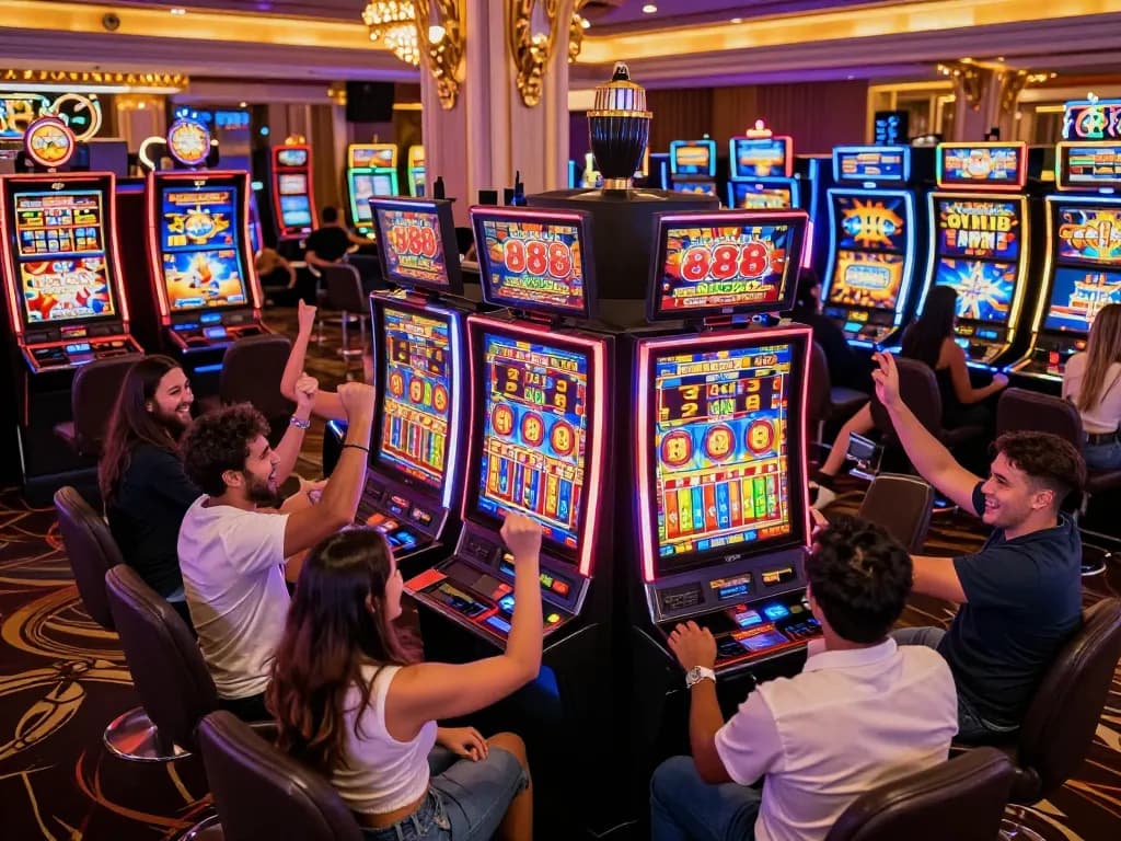 Players celebrating wins at slot machines featuring สล็อต888, showcasing vibrant casino atmosphere and joyful excitement