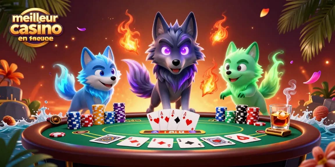 Illustration dynamique de l'univers du meilleur casino en ligne France avec des loups fantomatiques autour d'une table de poker.