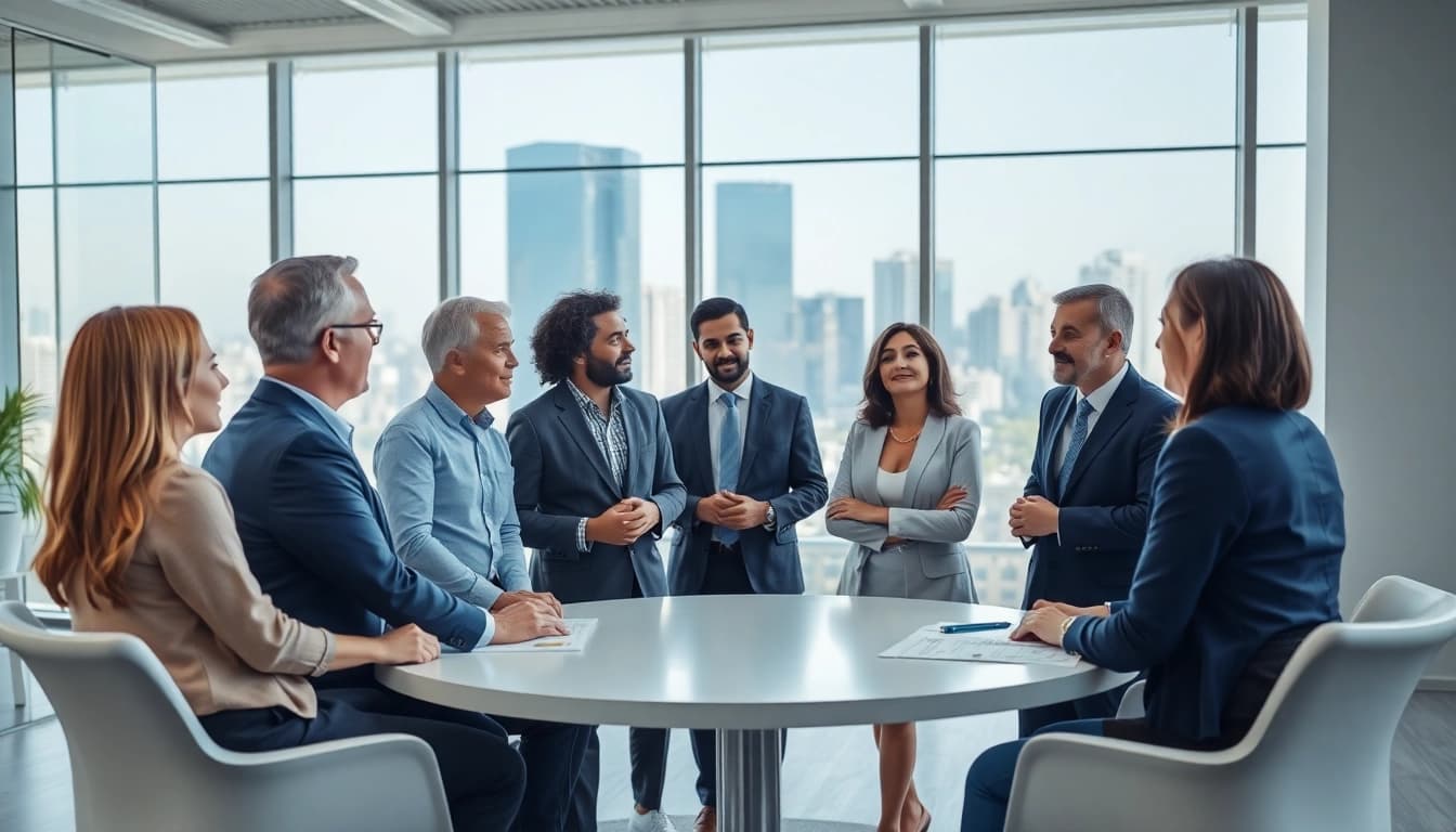 Engaging discussion on federal and state contracts among professionals in a modern office.