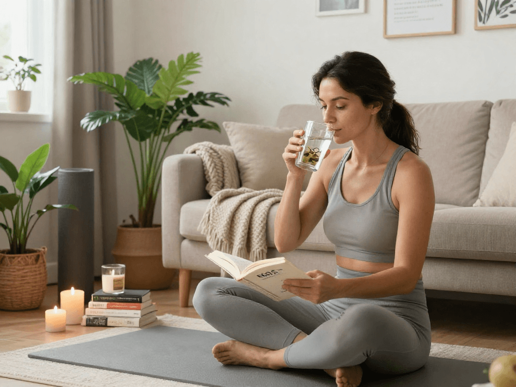 NAD+ benefits highlighted in a serene wellness scene with infused water and relaxation elements.