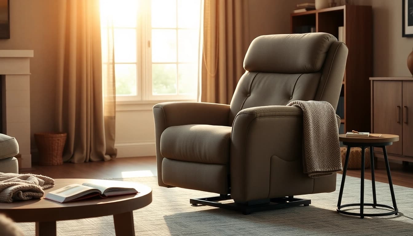 Power lift recliner chair positioned in a cozy living room, showcasing ergonomic design.