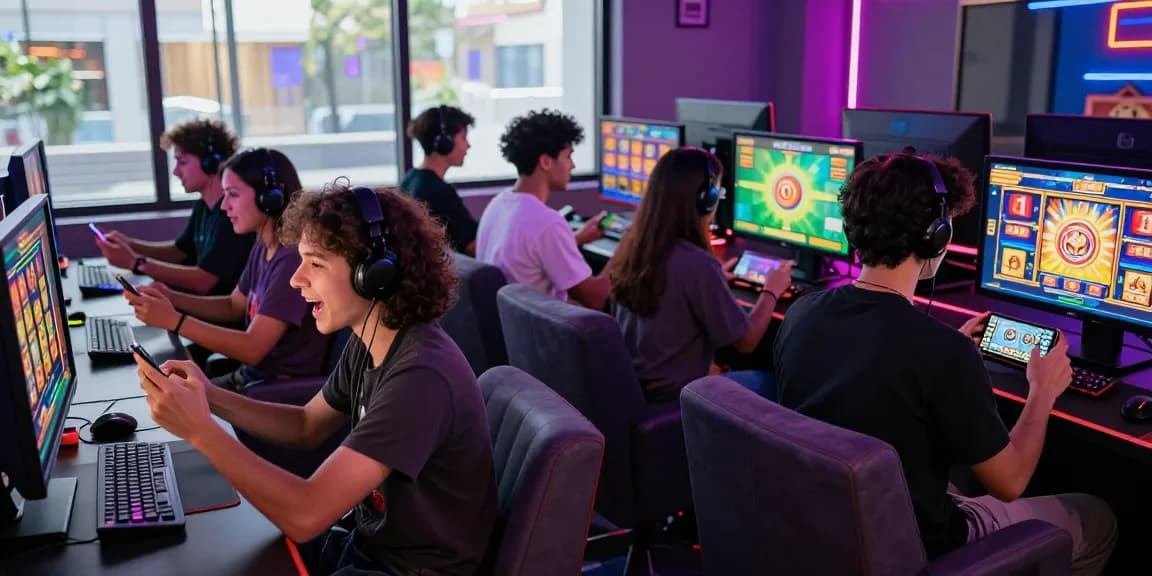 Players enjoying the excitement of slot88 games in a vibrant gaming lounge environment, filled with colorful slot graphics and animations.