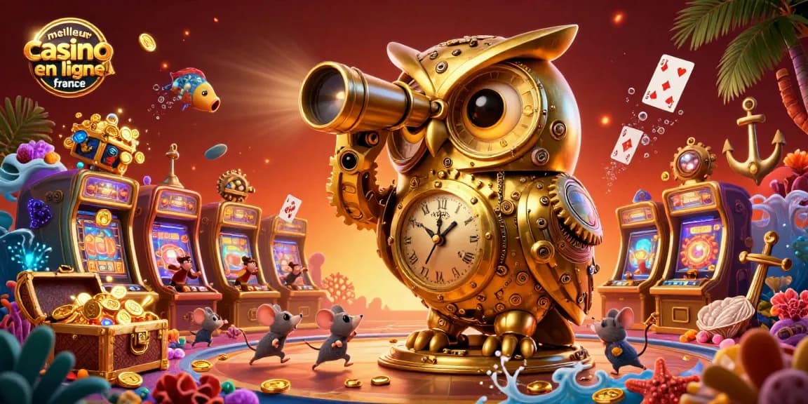 Découvrez le meilleur casino en ligne France avec une illustration dynamique mettant en avant un hibou doré mécanique dans un cadre festif.