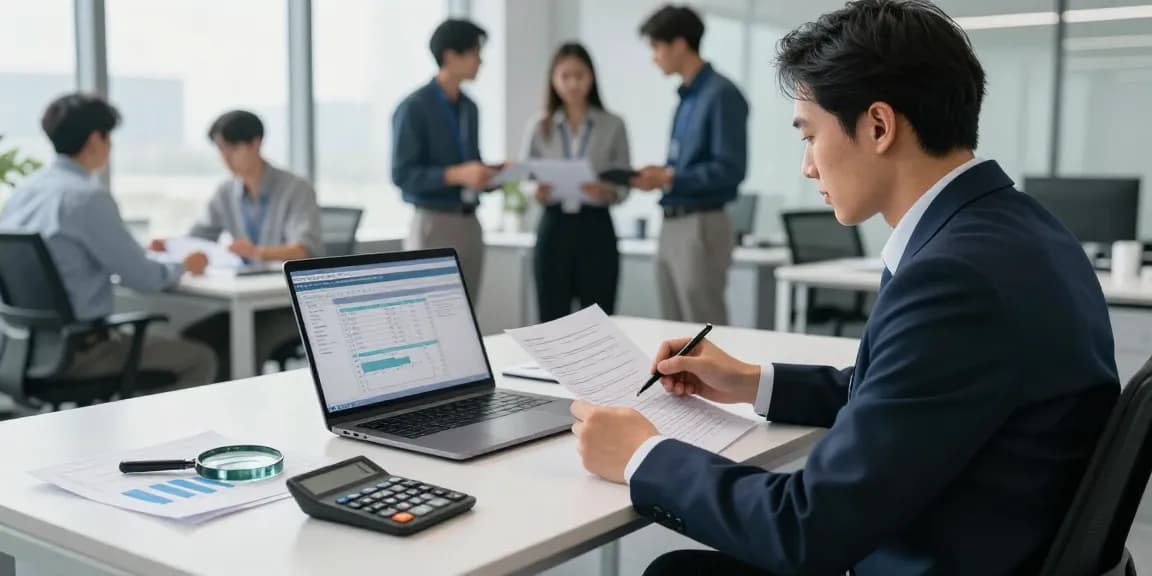 Analisis keuangan oleh auditor forensik di aafikotacimahi.org, suasana kerja profesional dengan dokumen dan alat analisis.
