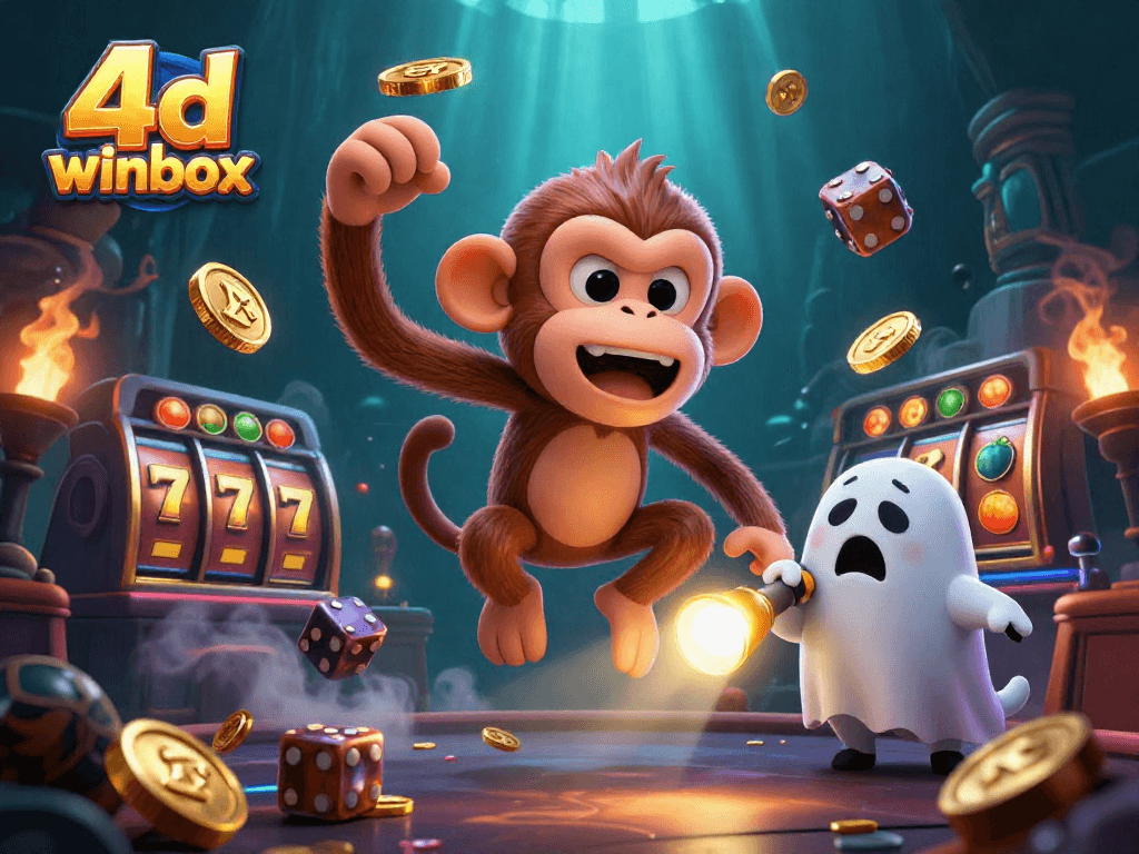 Exciting visual of 4d winbox with a playful poltergeist monkey and a ghost-hunter puppy in a vibrant casino